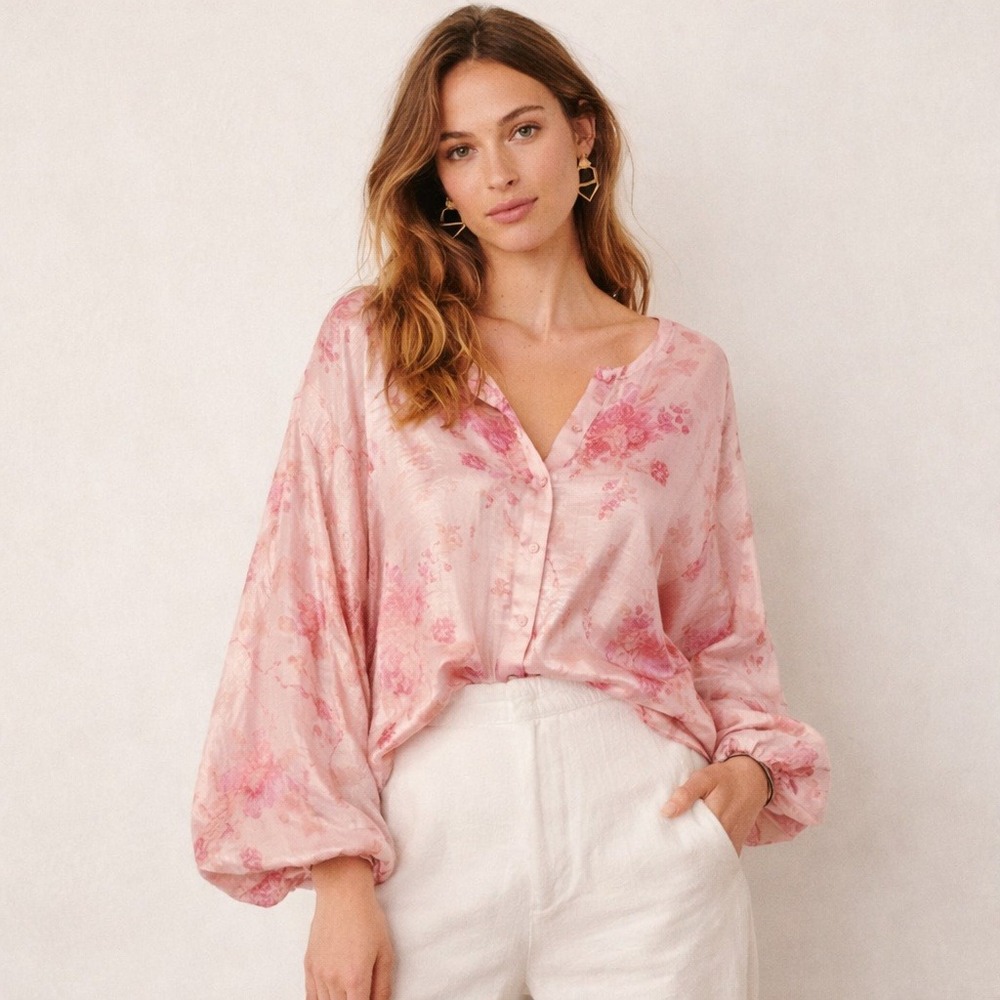 LoveShackFancy Adeline Metallic Pink Floral Silk‎ Top Size S